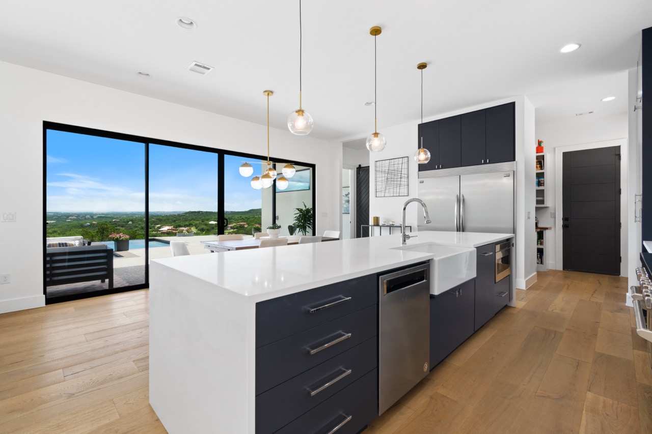 Interior modern kitchen with large island
