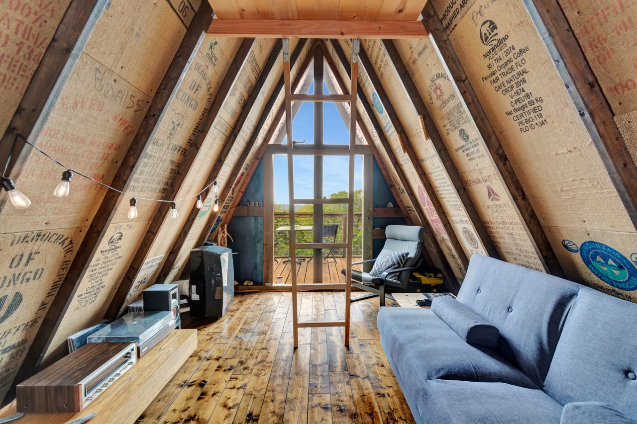 Interior A-frame cabin living area
