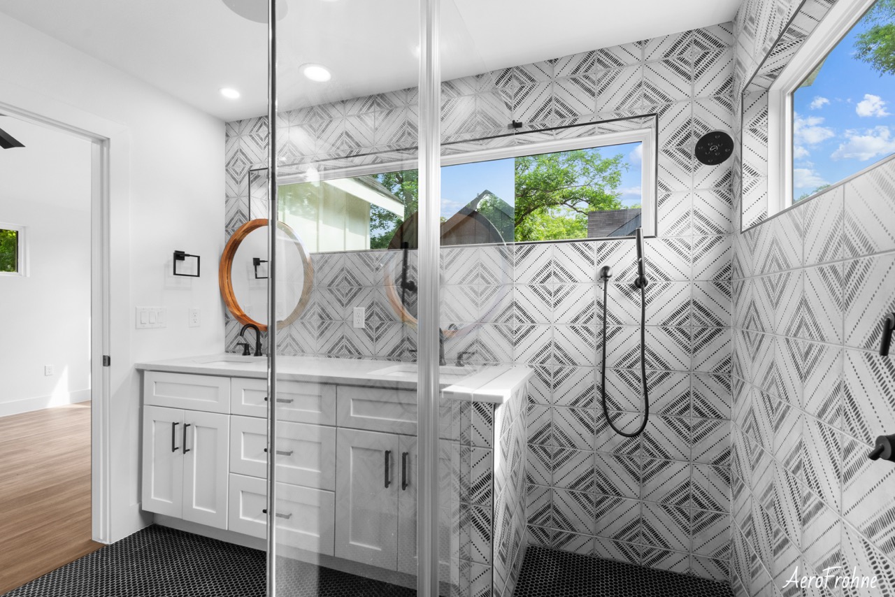 Interior modern bathroom with glass shower