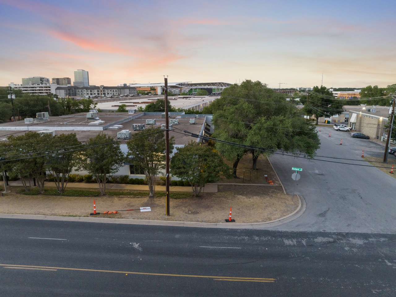 Aerial urban neighborhood intersection in Austin Texas