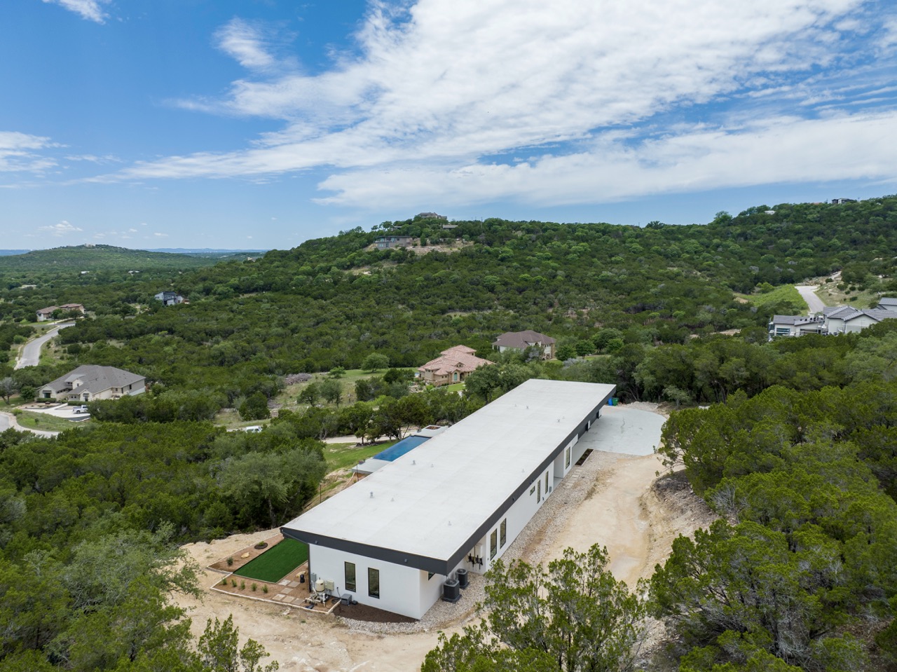 Aerial modern building in woods