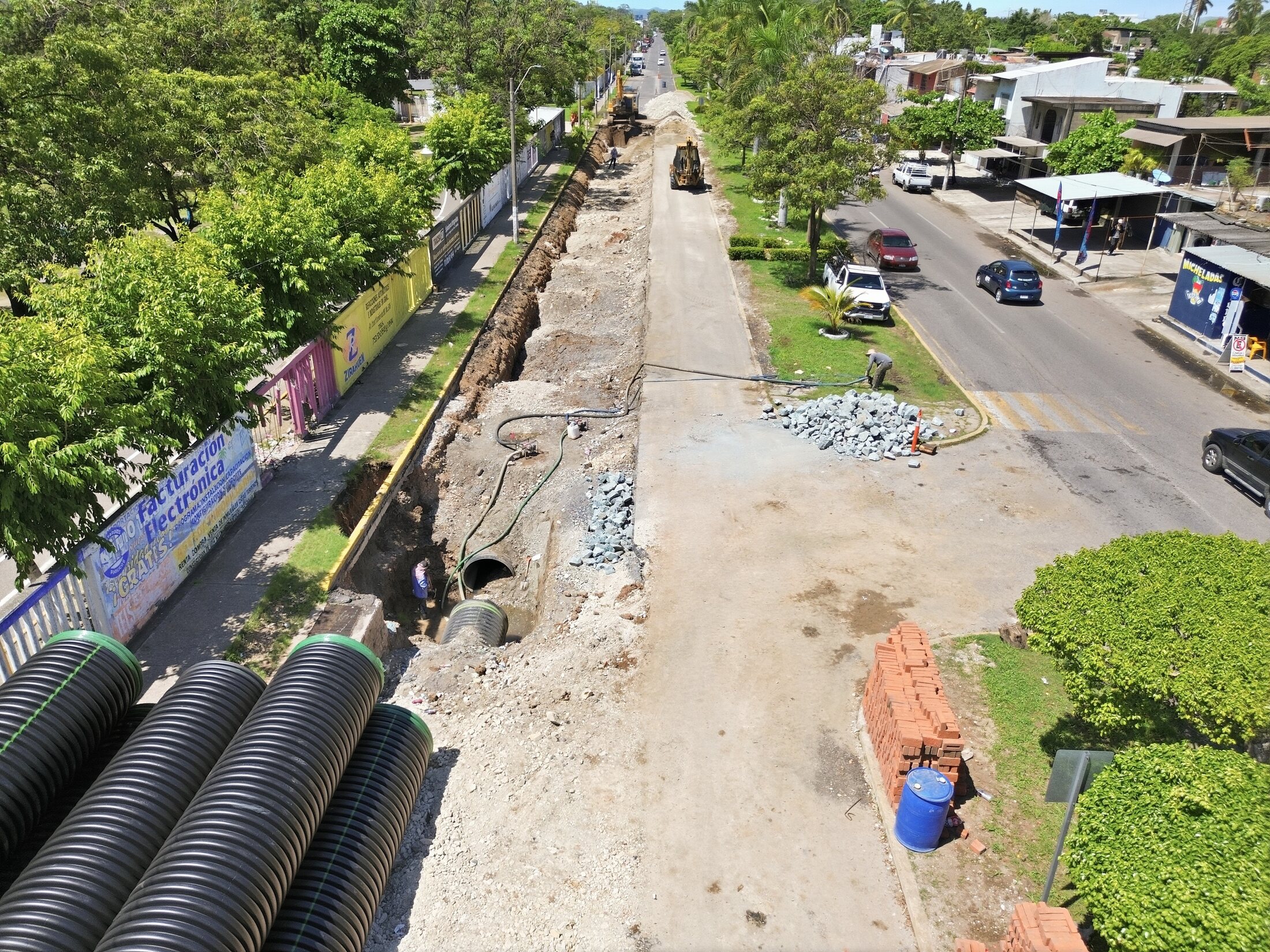 Drone view of roadway excavation and drainage construction
