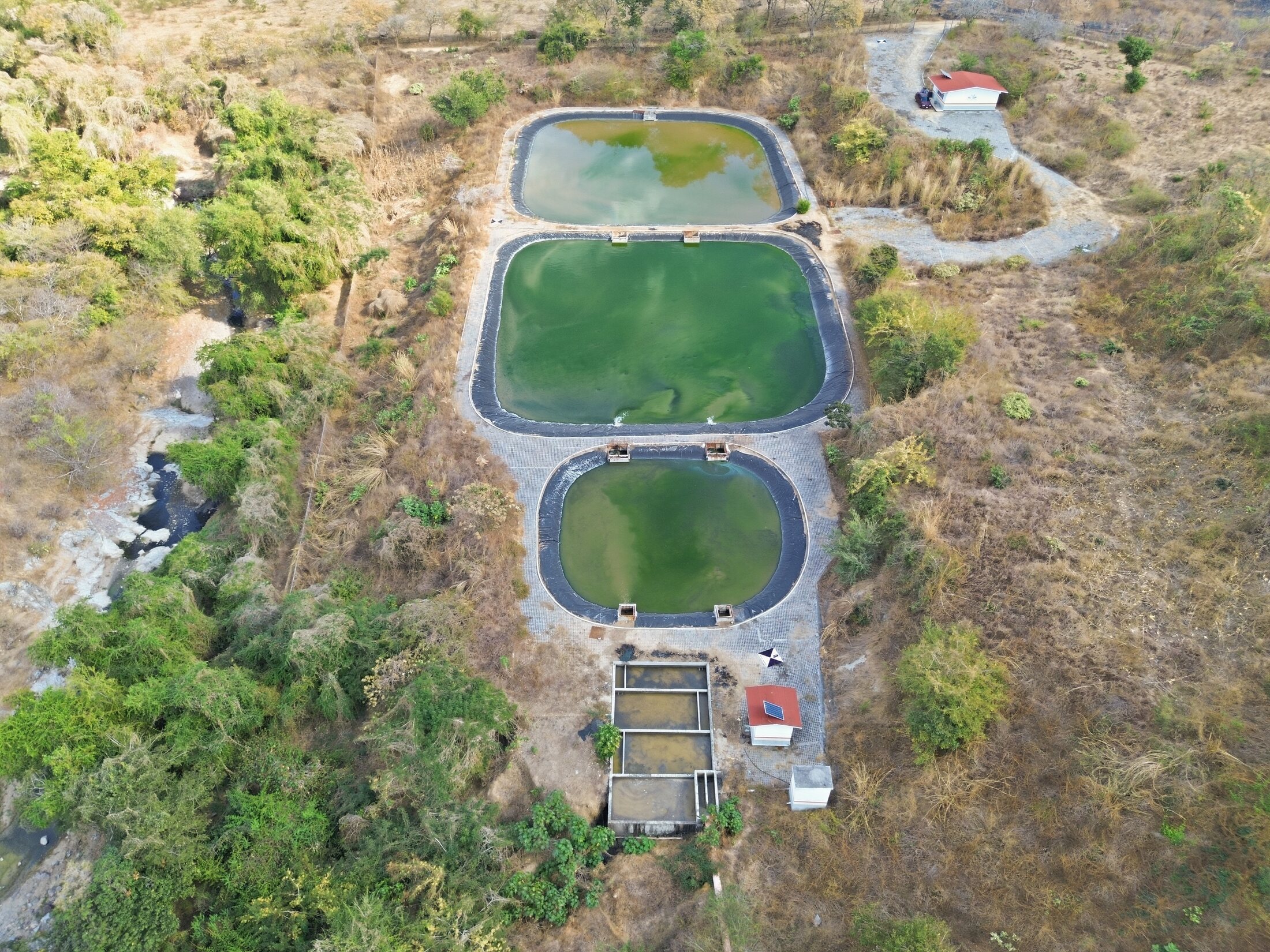 Overhead drone mapping view of water treatment lagoons