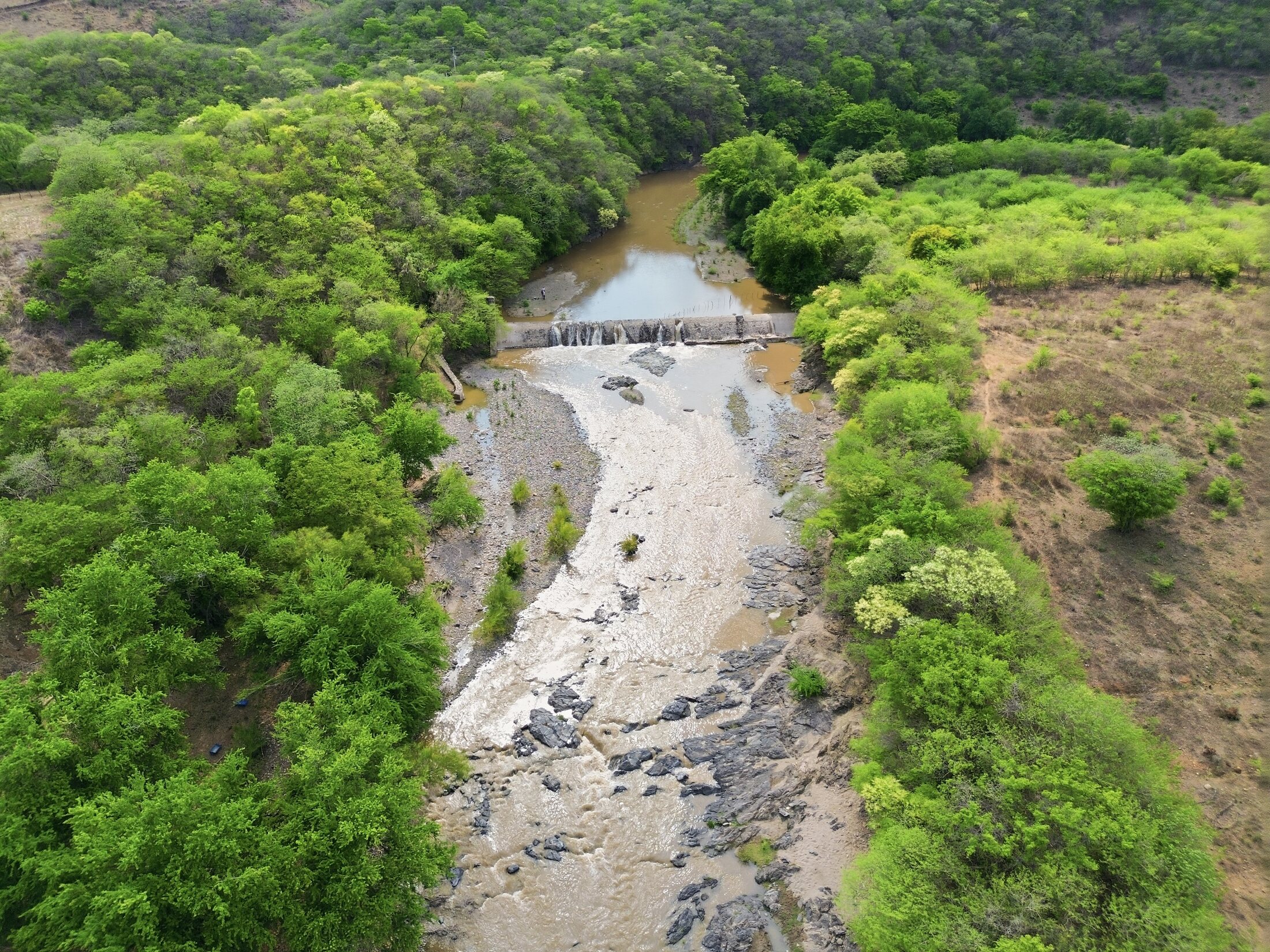 Drone river survey of a low head dam and surrounding vegetation