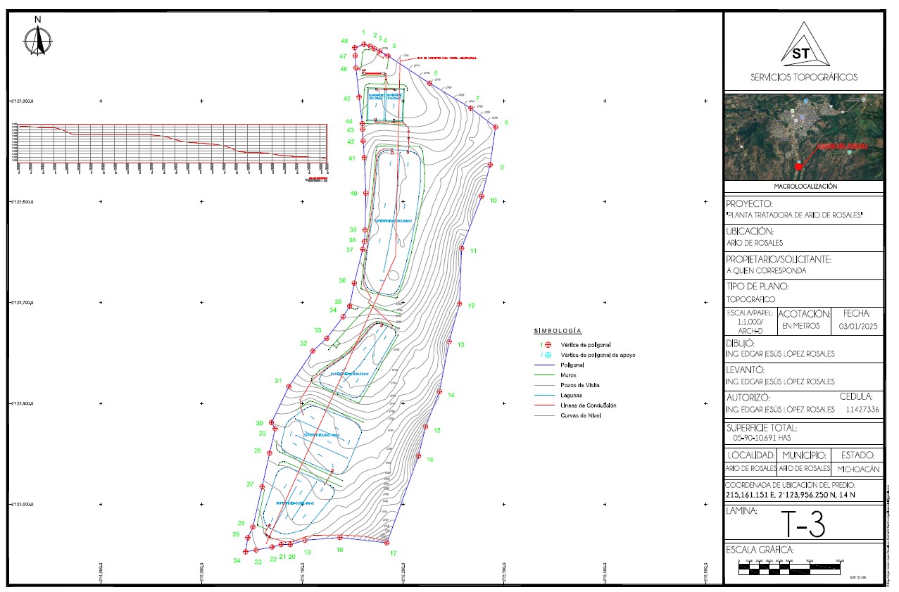 Plano topográfico lineal para topografía en Ario de Rosales, Michoacán