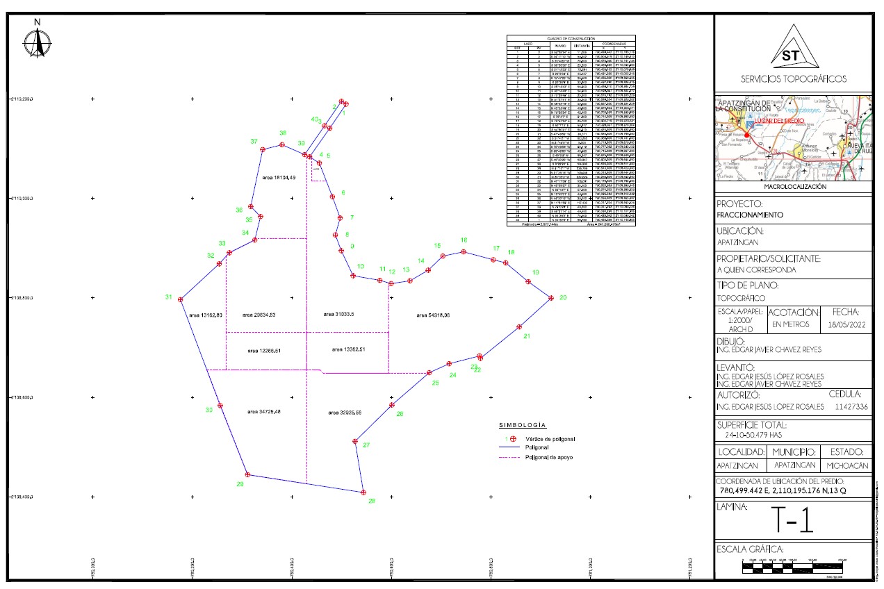 Hoja de plano topográfico para topografía en Tacámbaro, Michoacán