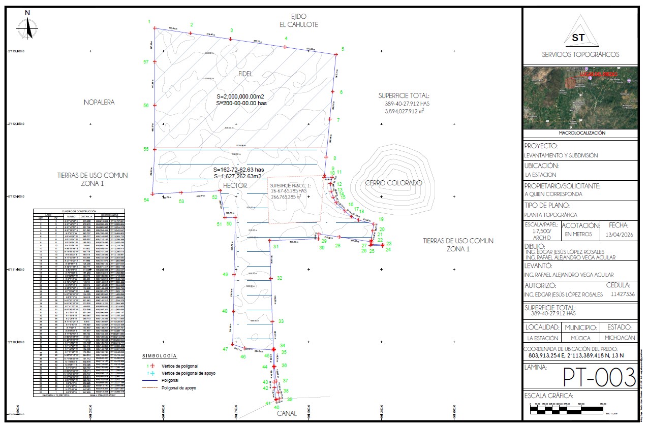 Topographic deliverable for land surveying in Morelia, Michoacán